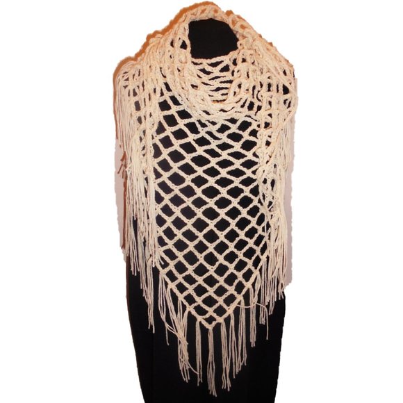 Shawl Crochet Handmade Ivory Fringed Fishnet Large - Picture 6 of 6